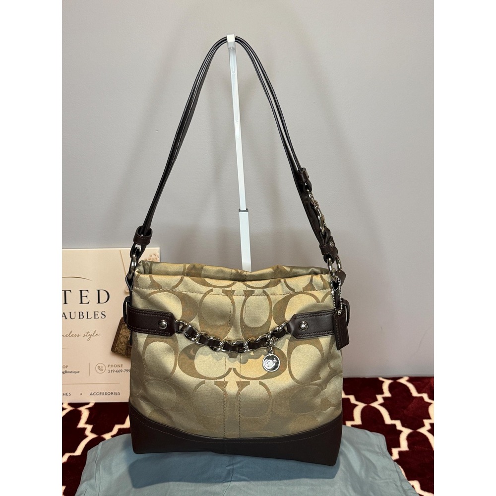 Coach Khaki Signature Jacquard Convertible Shoulder Bag Mahogany Leather F18862
